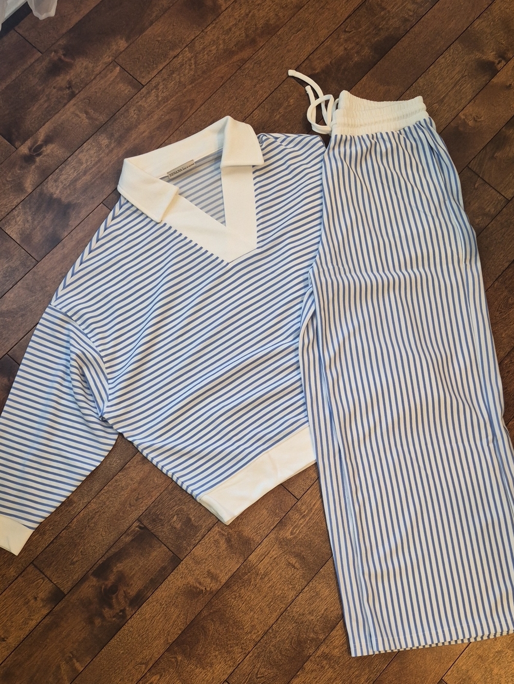 Zenana Outfitters Blue & White Striped Lounge Set